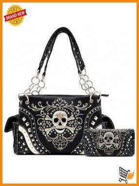 Rhinestone Skull Satchel Purse & Wallet Set Shoulder Bag